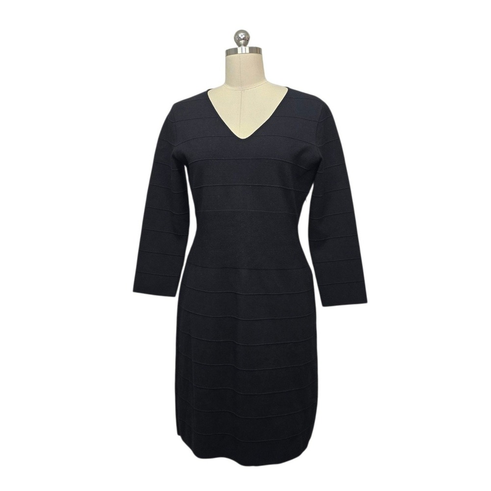 Armani Collezioni Black Ribbed Knit V-Neck Sheath Dress Size 10 Italy SMA92M